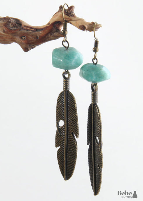Boho Earrings, RH Dangle Earrings, Feather Jade